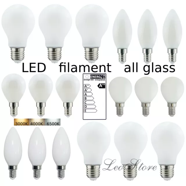 A++ 3 Lampadine filamento LED tutto vetro opale E14 E27 1521 LUMEN a 10W goccia