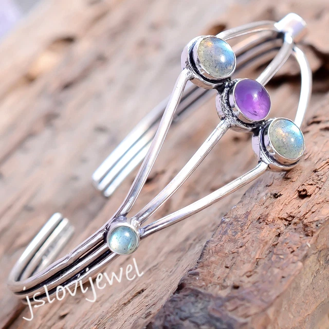 Bracelet Manchette En Argent Plaqué 925 Avec Améthyste - Réglable - Fait Main Vintage - Inde