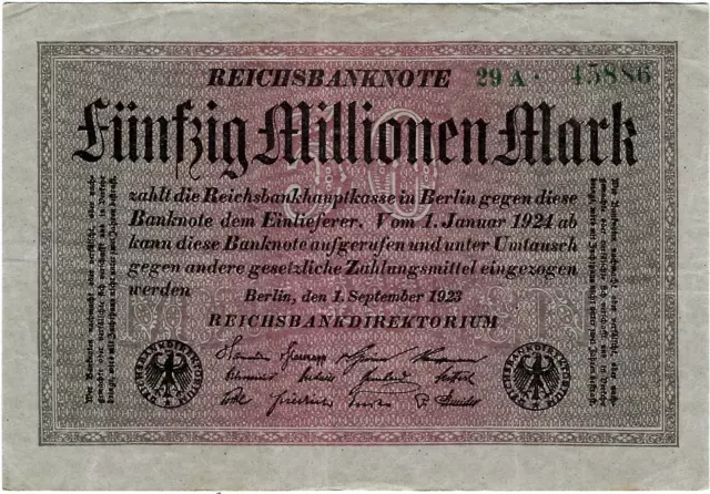 Reichsbanknote 50 Millionen Mark 1923 Reichsbank DEU-122a Ro.108a P-109 SELTEN