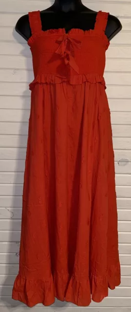 NWT FARM RIO Sz XL Red Pineapple Embroidered Smocked Bow Tie Ruffle Maxi Dress