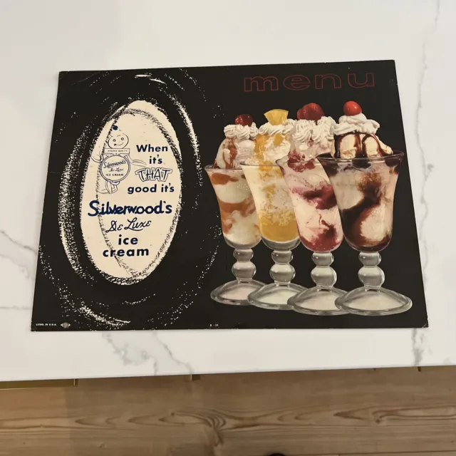 Vintage Antique Silverwood's Ice Cream Advertising Litho Menu Sundae Foldable