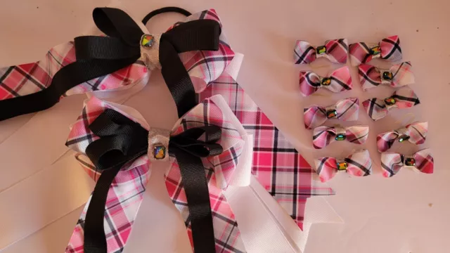 Black and Pink Plaid Equestrian Hair Bows, Girl and Pony