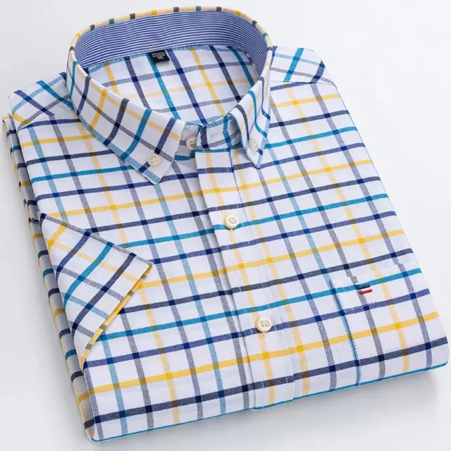Men Shirt Short Sleeve Plaid Stripes 100% Cotton Slim Business Casual Extra Size