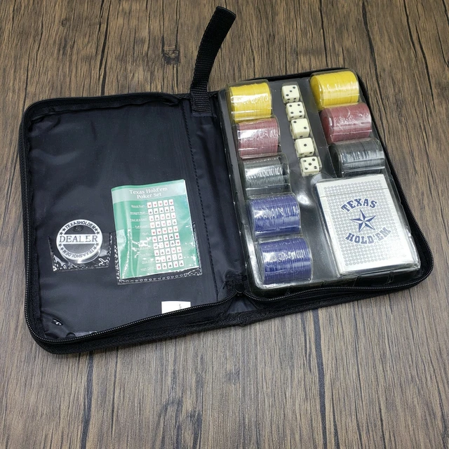 Texas Holdem Portable Poker Set Case With Cards Deck Chips Dice Instructions