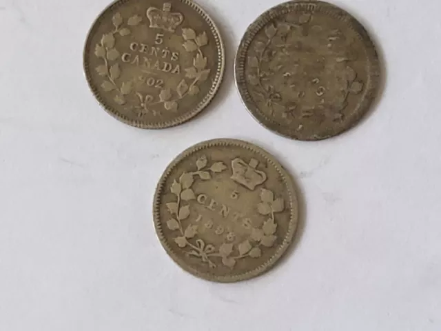 Canada, 3 Silver 5 Cent Coins 1902, 1870, 1896            refd8