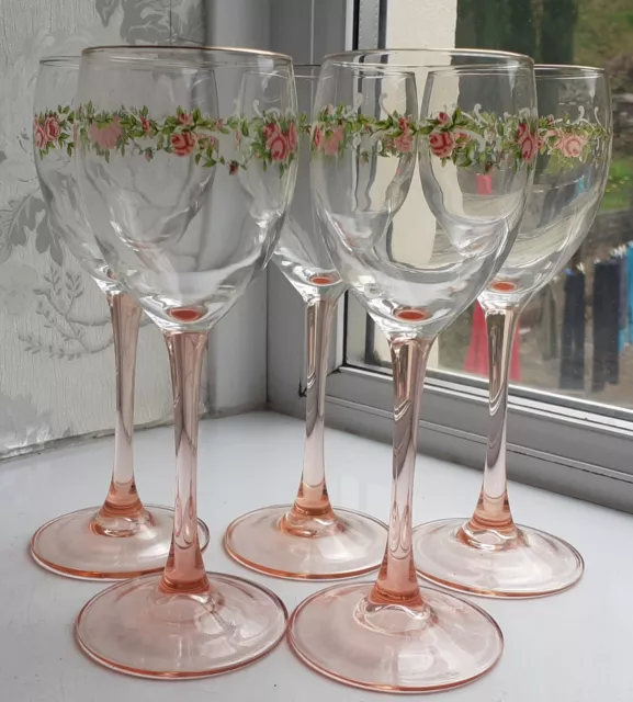 5 Luminarc Pink Glass Stemmed Wine Glasses With Rose Border Size 18 x 7 cm