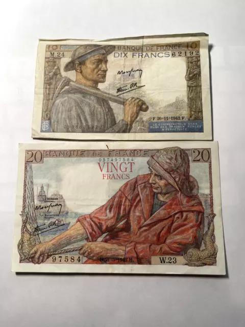 1942 20 Vingt and 10 Dix Francs Lot of (2) Banknotes