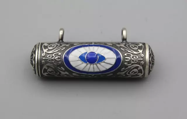 925K Silver Amulet Cylinder Taweez Holder Men Prayer Box Pendant Evil Eye Enamel