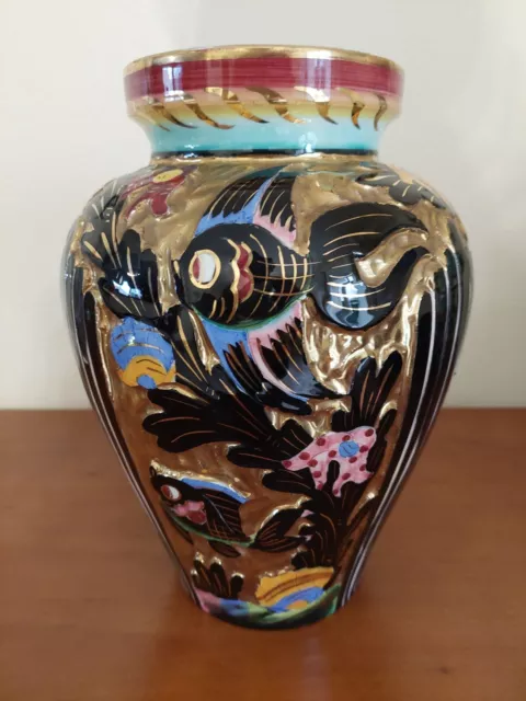 Vase en Ceramique De Monaco Noir Et Doré Décor Poissons Cerdazur 1950 1960