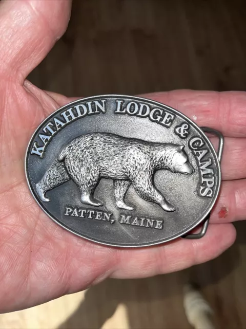 Vintage KATAHDIN LODGE & CAMPS Bear PATTEN, MAINE Pewter BELT BUCKLE