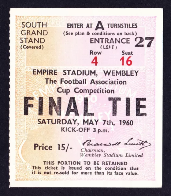 1960 FA Cup Final BLACKBURN ROVERS v WOLVES *VG Condition Ticket*