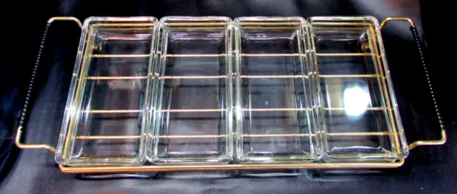 Four Rectangle Clear Glass Serving Dish Large 3x8x17 Gold Tone Steel Wire Rack