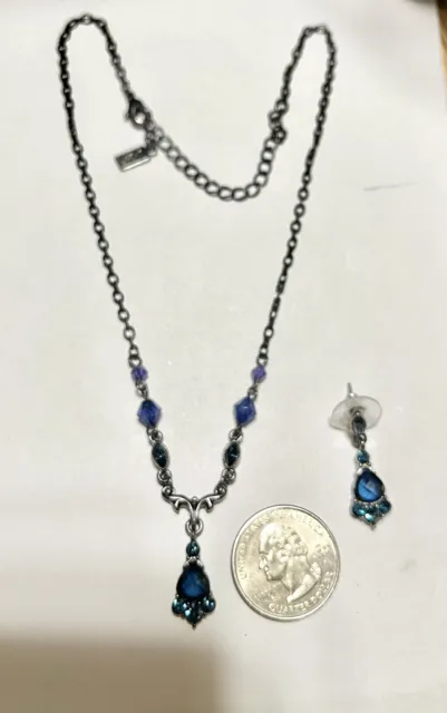 Vintage 1928 Co. Blue Glass Bead Antiqued Silvertone Y Lavalier Necklace