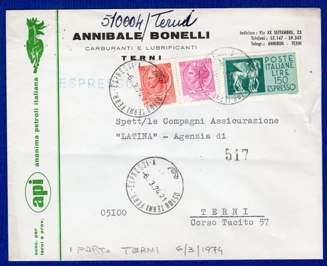ITALIA-B. ESP. AFF. con 10+40 L.SIR.+ 150 L.ESP. da TERNI il 6-3-1974 , PUB. API