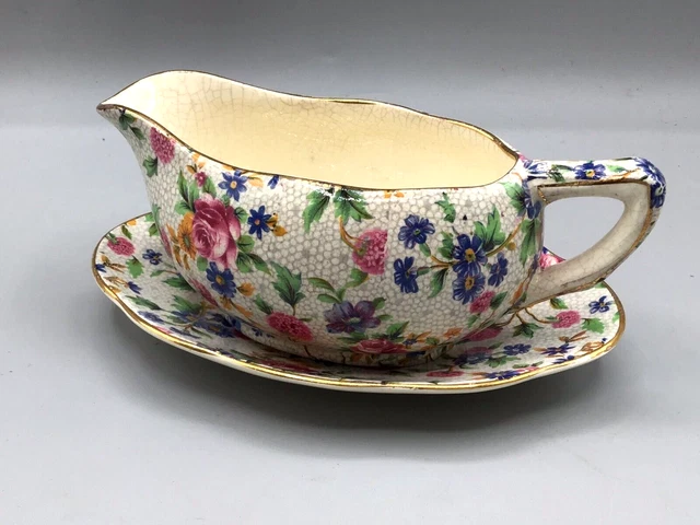 1930s Royal Winton Grimwades Chintz Old Cottage gravy sauce boat & underplate