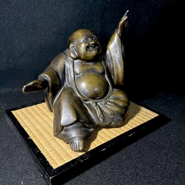 Antique Bronze Sitting Budai Hotei Sculpture 8” With Stand Very Detailed