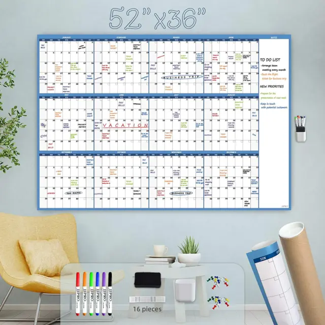 Large Dry Erase Wall Calendar - 52"X36" - Blank Undated Yearly Calendar - Whiteb