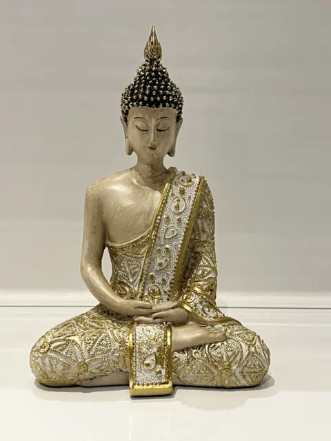 Cream and Gold Thai Buddha Figurine Ornament Serene Art Good Luck Lucky Gift