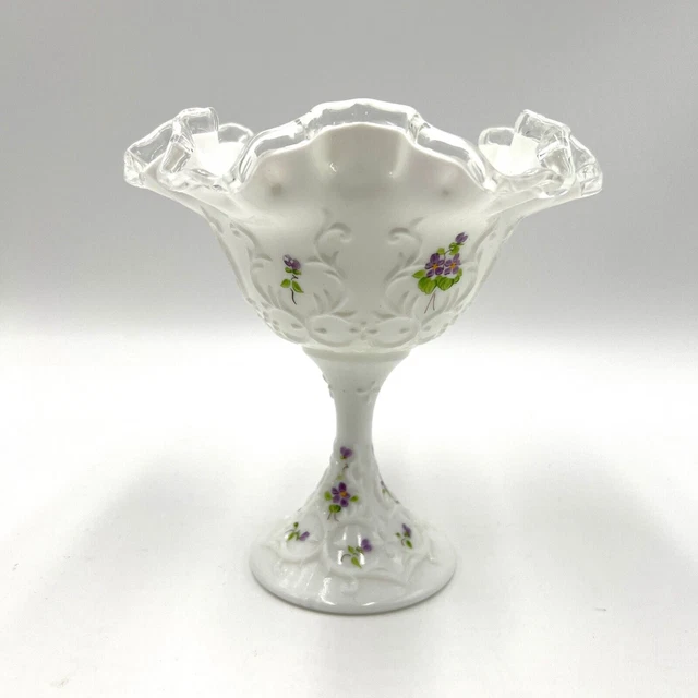 FENTON SILVER CREST Milk Glass Compote Hand Painted Floral Signed 25.