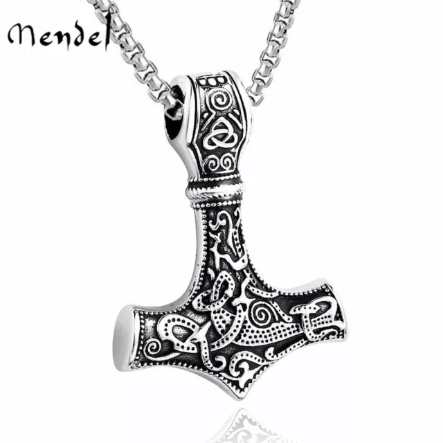 MENDEL Mens Stainless Steel Norse Viking Thors Hammer Mjolnir Pendant Necklace