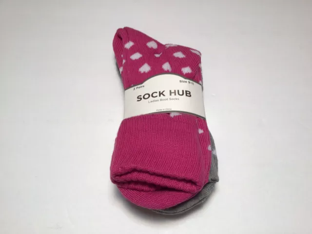 Sock Hub Ladies Boot Socks 2 Pairs Size 9-11 Poly Cotton Other Fibers Pink/Gray