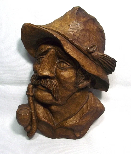 Antique Hand Carved Wood Sailor w/ Pipe Bust Hanging Wall Decor 9"