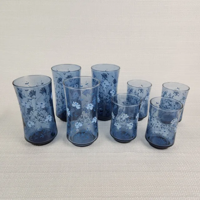 Libby 8 Pc. Vintage Glassware Set Blue With White Flowers 12 And 6oz Cottagecore