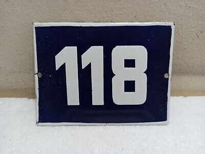 Vintage Enamel Sign Number 118 Blue House Door Street Plate Metal Porcelain Tin