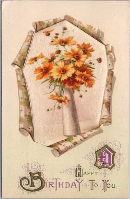 1918 HAPPY BIRTHDAY Embossed Postcard Real Silk Printed Cloth / Orange Flowers