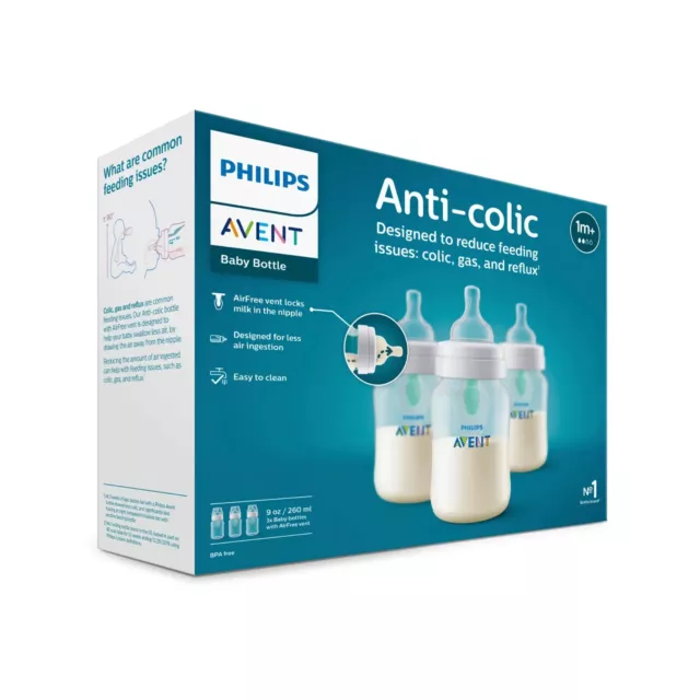 3 Pack Philips AVENT Anti-Colic Baby Bottles w AirFree Vent, 9oz, Clear, Flow 2