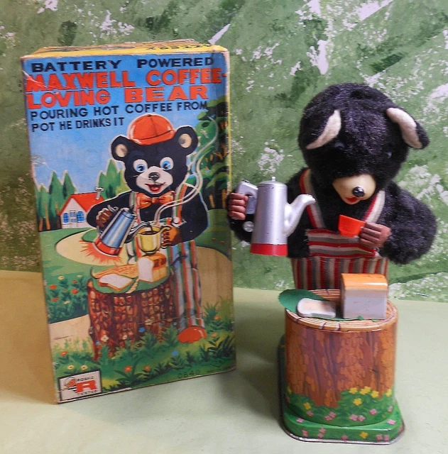 1950'S JAPAN MAXWELL Coffee Loving Bear Battery Operated -Box