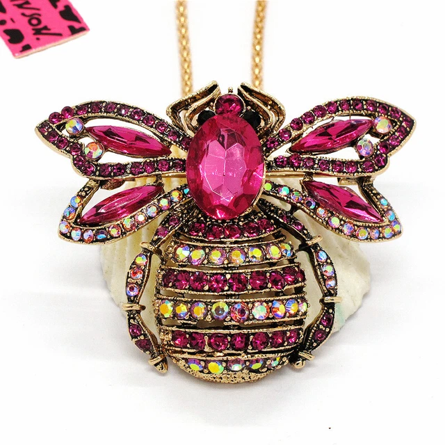 Hot Rose Cute Rhinestone Bee Honey Pendant Betsey Johnson Chain Necklace
