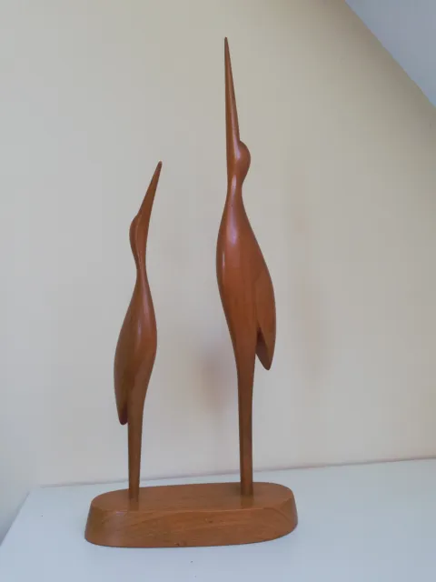 1 Paar Teak Kraniche, Reiher, 60er 70er, Skulptur Mid Century, 37 cm