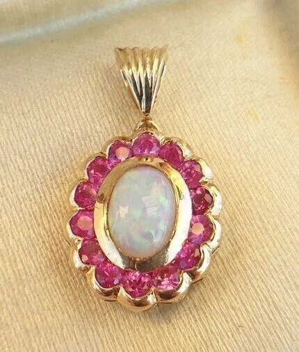 NEW 2Ct Oval Cut Simulated Fire Opal with ruby Pendant 14k Yellow Gold Plated