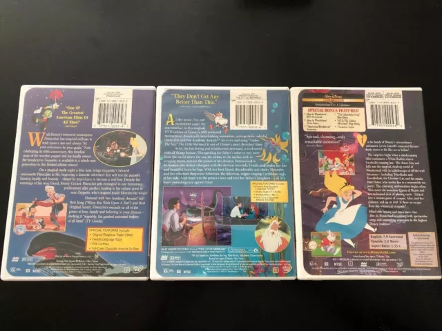 Pinocchio ,The Little Mermaid  Limited Issue  & Alice In Wonderland DVD Disney 2