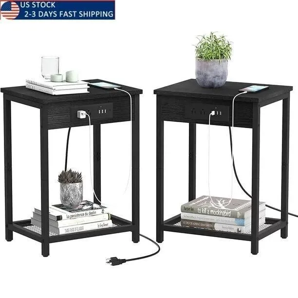 Nightstand End Table with Charging Station Black, Set of 2,two 3-prong AC power