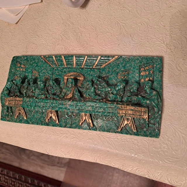 VINTAGE 3D RESIN Last Supper Wall Hanging Plaque Green Gold Highlights