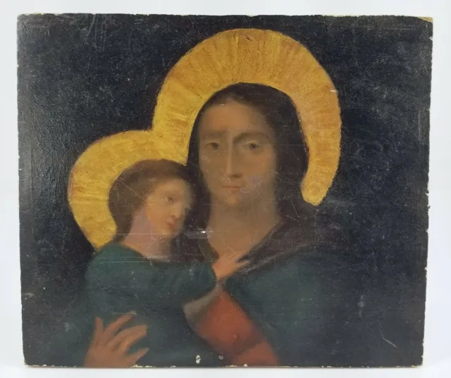 Antique 19th Century Oil on Artist Panel Religious Icon Madonna and Child French