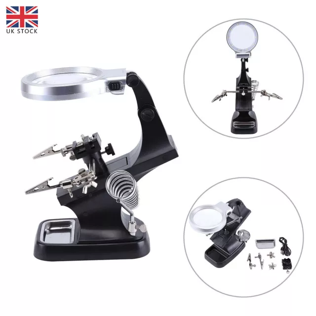 Soldering Iron Stand with LED Helping Hands Magnifying Glass Crocodile Clip UK