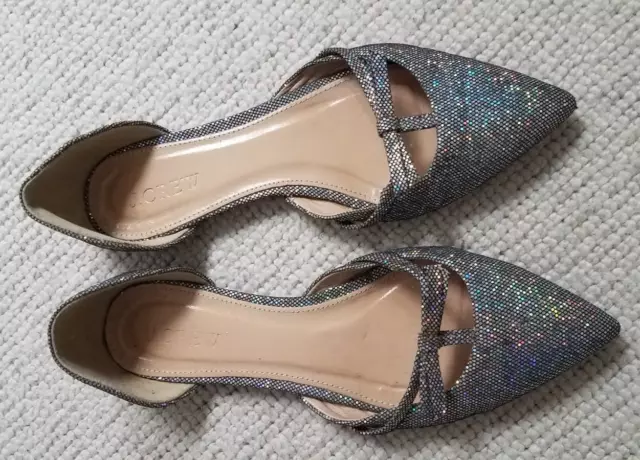 J. Crew Sloan Glitter D'Orsay Flats with mini bow - Silver Metallic - Size 6