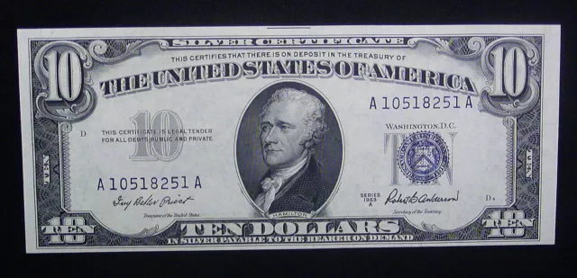 Series 1953 A  U.S. Ten Dollar $10 Silver Certificate Note Blue Seal UNC LOOK