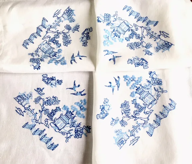 Vintage hand embroidered white linen blue willow pattern tablecloth 32x33 Inches 3