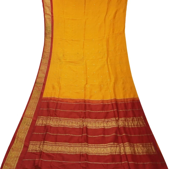 Vintage Arancione Sari 100% Pura Seta Zari Cucito a Mano Classico 4.6m Tessuto