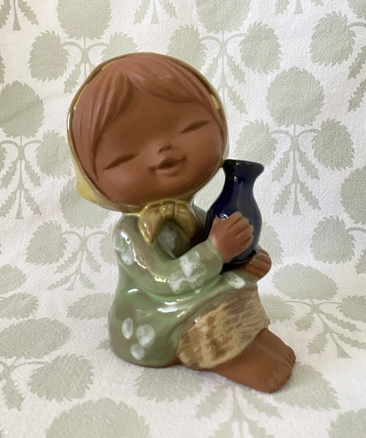 Vintage Japanese UCTCI Clay Pottery Girl Holding Vase Figurine Redware Stoneware