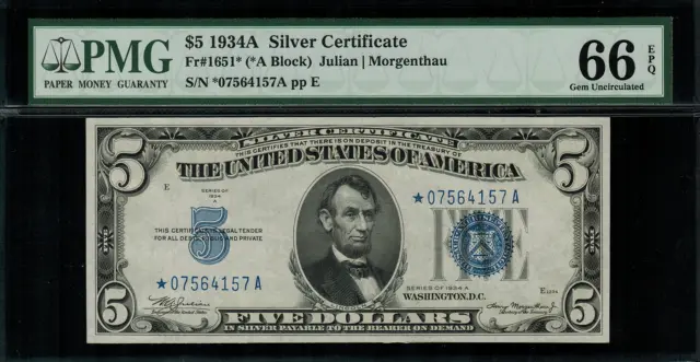 1934A $5 Silver Certificate FR-1651* - Star Note - Graded PMG 66 EPQ