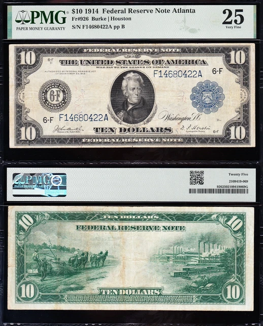 VERY NICE Bold & Crisp VF+ 1914 $10 ATLANTA Federal Reserve Note! PMG 25! 80422A