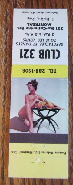 Girlie: Club 321 Gentlemen's Strip Club Matchbook Cover (Montreal, Quebec) -E23