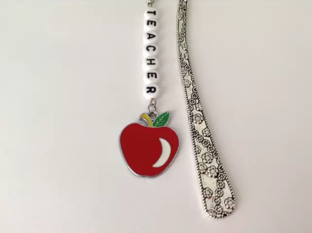 Teacher Letter Alphabet  Enamel Red Apple Charm Silver Tone Flower Bookmark 3