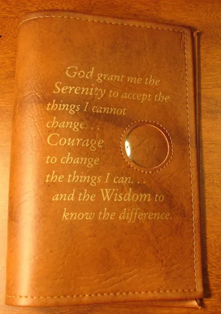 Alcoholics Anonymous AA Big Book cover tan vinyl Serenity Medallion Holder Chip