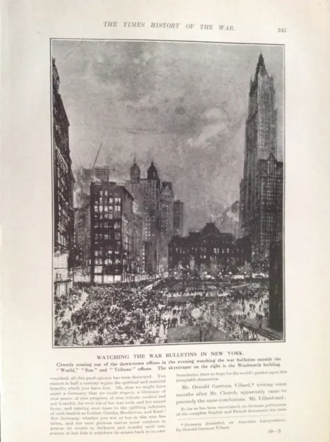 World war 1, Watching the War  bulletins in NEW YORK,  antique 1915 print